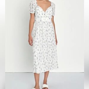 Lulus White Floral Print Puff Sleeve Midi Dress